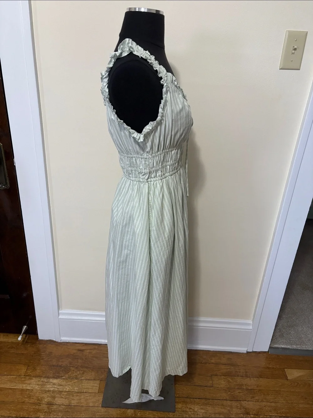Old Navy Sage Green Striped Midi Dress with Ruffled Straps and Smocked Waist - Picture 7 of 15